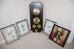 lot 124 image: Wall clock with barometer and wall art