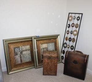 lot 105 image: Framed Wall art, metal wall art, decorative boxes