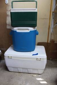 lot 201 image: Green, blue, and white coolers
