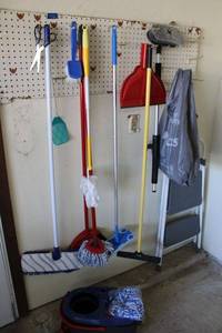 lot 152 image: Floor cleanersbrooms, mop with bucket and step ladder plus rain jackets