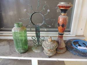 lot 85 image: green jar, candle holder, metal dcor, and more