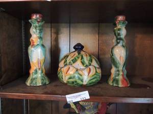 lot 123 image: qty 2 candle holders ceramic, covered dish  - TalaVera Hnos Raavres