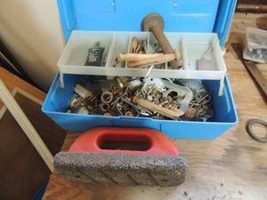 lot 174 image: small blue tool box with various screws, nails, and more