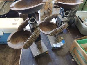lot 244 image: VINTAGE BOTTLE CAP & WOOD ASHTRAYS SCULPTURES qty 2