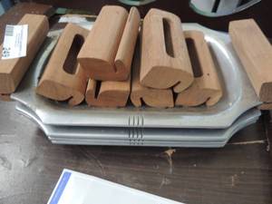 lot 249 image: Vintage metal trays with removable wood handles   QTY 4
