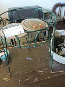lot 255 image: qty 2 small round photos, small metal green table