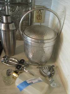 lot 192 image: BARWARE - martini shaker, ice bucket, shot glass, flask, corkscrew tool