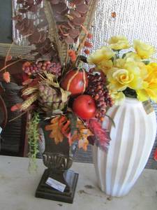 lot 310 image: vase with greenery, white vase with yellow fake flowers