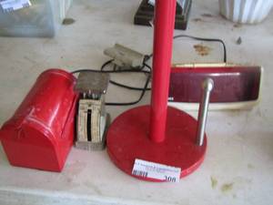 lot 308 image: kitchen scale, small mailbox, paper towel holder, alarm clock