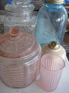 lot 312 image: ball mason jar, pink jar with lid, canister and pink cup