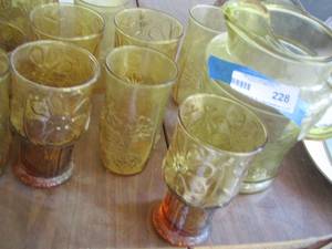 lot 228 image: brown glass handled pitcher with matching cups