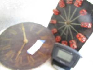 lot 257 image: wooden clock, dice design clock, atomic clock mini