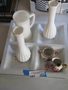 lot 273 image: milk glass small vases, handled cup, mini creamer and sugar set, 4 divided plate