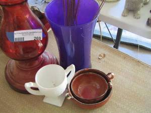 lot 269 image: red vase purple vase, double handled cup,