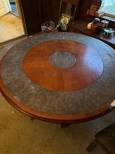 lot 20 image: Dining Table -Round, wood with inlayed Tile 54 Diameter