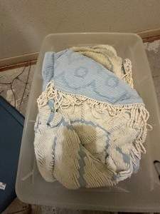 lot 208 image: Chenille Bedspread(needs cleaning) and blue blanket
