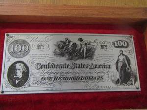 lot 2166 image: framed $100 bill  metal SAS Confederate state America
