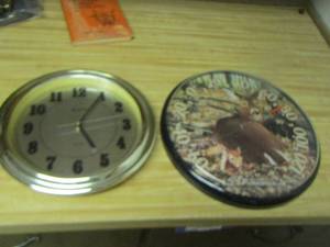 lot 2096 image: deer buck wall clock- gold in color wall clock, both need batteries
