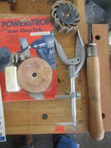 lot 2412 image: razor sharp tools, wood burning tool, and more