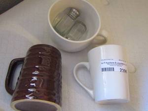 lot 2396 image: qty 3 coffee cups, mini salt and pepper shaker