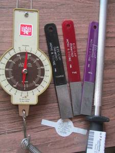 lot 2410 image: scale, knife sharpener and more