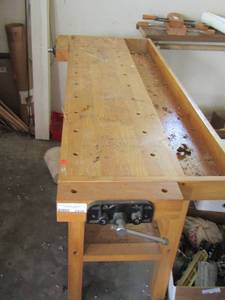lot 2426 image: WOOD WORKERS WORKBENCH  shop table W PINS DOWELS