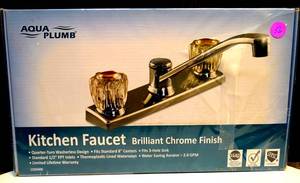 lot 56 image: NEWSEALED - Aqua Plumb 2-Handle Kitchen Faucet , Chrome 1812301 $$