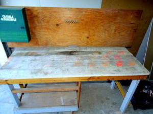 lot 64 image: HEAVY DUTY WOODEN WORK BENCE WITH STORAGE CABINET - 6 FEET LONG