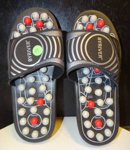 lot 97 image: NEW - ByRiver Foot Reflexology Pressure Point Massage Mat Slipper Slides Black Sandals