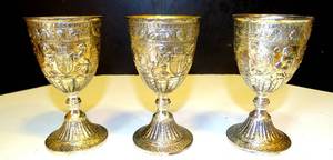 lot 159 image: LOT OF 3 - BEAUTIFUL VINTAGE SILVERPLATE ORNATE WINE GOBLETS 3.5 (JAPAN) $$