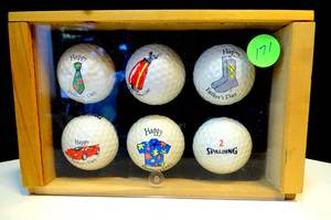 lot 171 image: Unique Impressions Set of 6 Golf Balls Spalding Happy Fathers Day Themed Wood Display $$