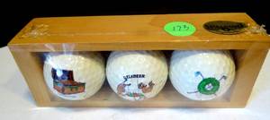lot 173 image: NEW - Unique Impressions Christmas Golf Balls Sealed in Wood Box