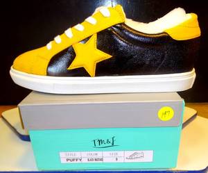 lot 197 image: NEW IN BOX - T,M,&F WOMENS MUSTARD YELLOW & BLACK PUFFY STYLE SNEAKERS $$