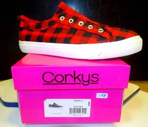 lot 198 image: NEW - CORKYS WOMENs BABALU RED PLAID SLIP ON SNEAKER $$