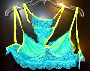 lot 238 image: $$ BEAUTIFUL AQUA & YELLOW SHEIN LACE WIRED BRA & THONG SET