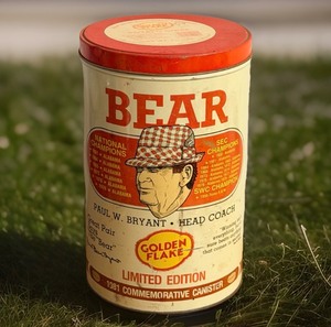 lot 8 image: Rare 1981 Limited Edition Collectible Alabama Bear Bryant Golden Flake Potato Chip Commemorative CanisterTin