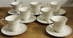 lot 60 image: IVORY FANTASY Set Of Seven (7) China Teacups and Saucers JAPAN Platinum Trim Circa 1960s