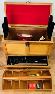 lot 23 image: Vintage Wooden Gun RepairCleaning Kit Portable Box WRemovable Gun Stand