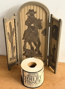 lot 82 image: Vintage Western Themed Triptych &amp John Wayne Toilet Tissue -  Its Rough - Its Tough And It Doesnt Take Crap Off Anyone