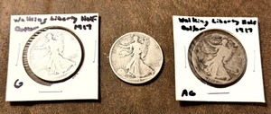 lot 4 image: Two (2) 1917 &amp One (1) 1945 Silver Walking Liberty Half Dollars x3