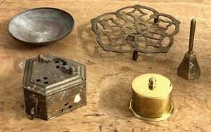 lot 117 image: Five (5) AntiqueVintage Brass Pieces W Most Made in India - Solid Brass Bowl Made in Pre-Korean War Korea