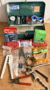 lot 28 image: Vintage Toolbox wAssorted Tools &amp Supplies - Including LED Headlamp &amp New Shop Rags