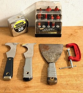lot 94 image: Assorted Tools WStanley Tape Measure, Carbide Tip Router Bit Set, Scrapers, &amp C-Clap