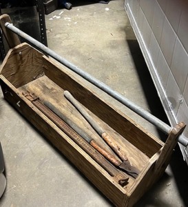 lot 174 image: Vintage Wooden Toolbox WLong-Handled Limb Loppers &amp AntiqueVintage Bar Clamp