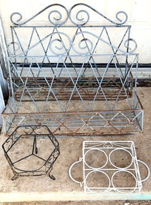 lot 74 image: Two (2) Vintage Wrought Iron Wall-Hanging Plant Holders  Two (2) Plant Stands