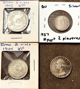 lot 5 image: Four (4) Silver Coins - Including 1964 Washington Quarter, 1937 Egyptian 2 Piastres, 1943 Iranian 5 Rials, &amp 1944 Iranian 2 Rials