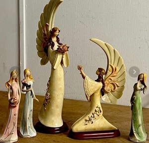 lot 233 image: Two (2) Floral Elegant Winged Mymicco Praying Angel Figurines WWooden Base &nbsp&amp Three (3) Nature Themed Bridesmaids&nbsp