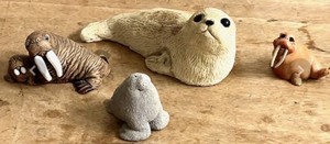 lot 234 image: Handmade Vintage&nbspSandstone Seal FigurineTextured Sculpture , Coad Textured Momma Walrus &amp Baby, 1983 Smidgens Sea Lion, &amp Pete Apsit Holy Herd Noahs Ark Walter the Walrus Figurine&nbsp