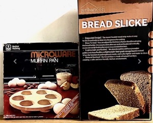 lot 258 image: Anchor Hocking Microwave Muffin Pan &amp Urbancoz Bread Slicke
