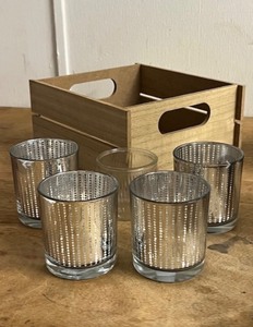 lot 284 image: Lot of Four Richland Silver Dotted Glass Holder Votive or Tealight Candle Holder - Metallic Dotted Pattern Creates Unique Light Effect from Candle W Decorative Carrying Box and Swirled Glass Tealight Candle Holder